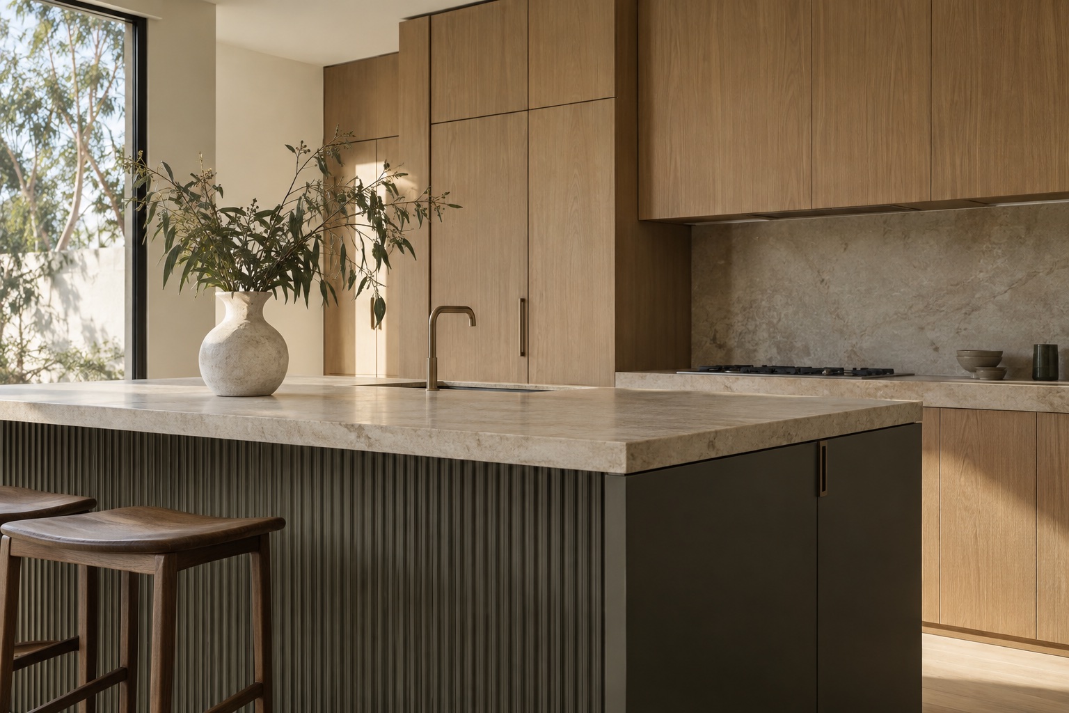 Concept image of Perth-inspired timber and deep green kitchen joinery
